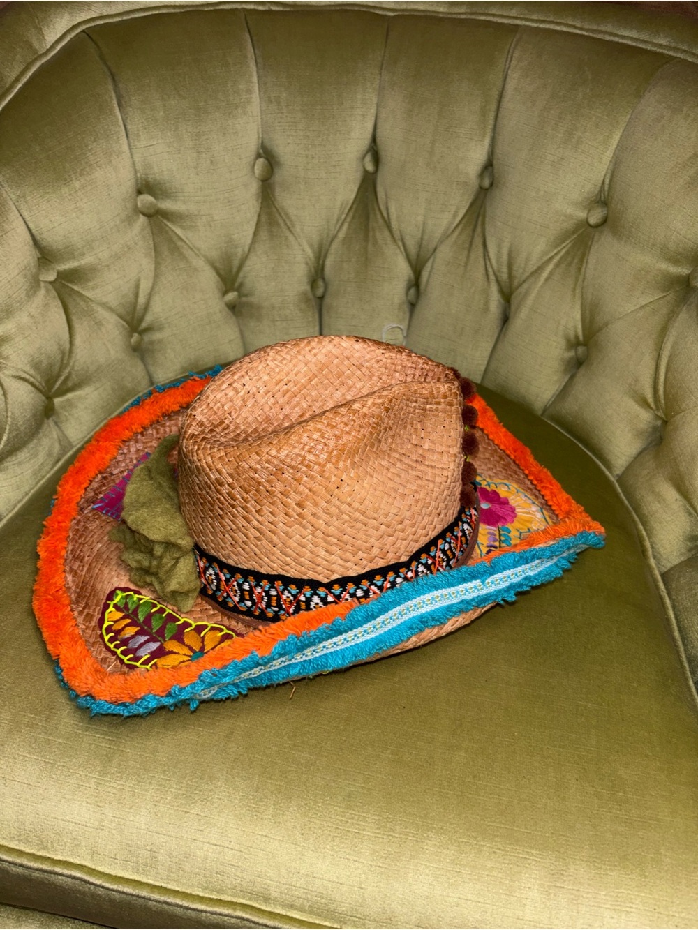 Bohemian Gypsy Queen Embroidered Raffia Straw Hat Fringe Brim medium - Picture 7 of 12